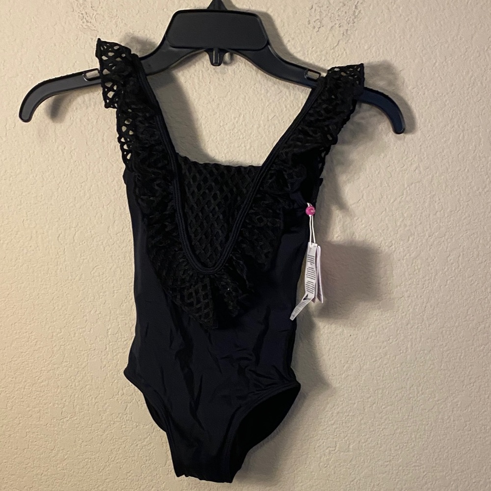 Girls' Black Ruffle One-Piece Swimsuit with Lace V-Front